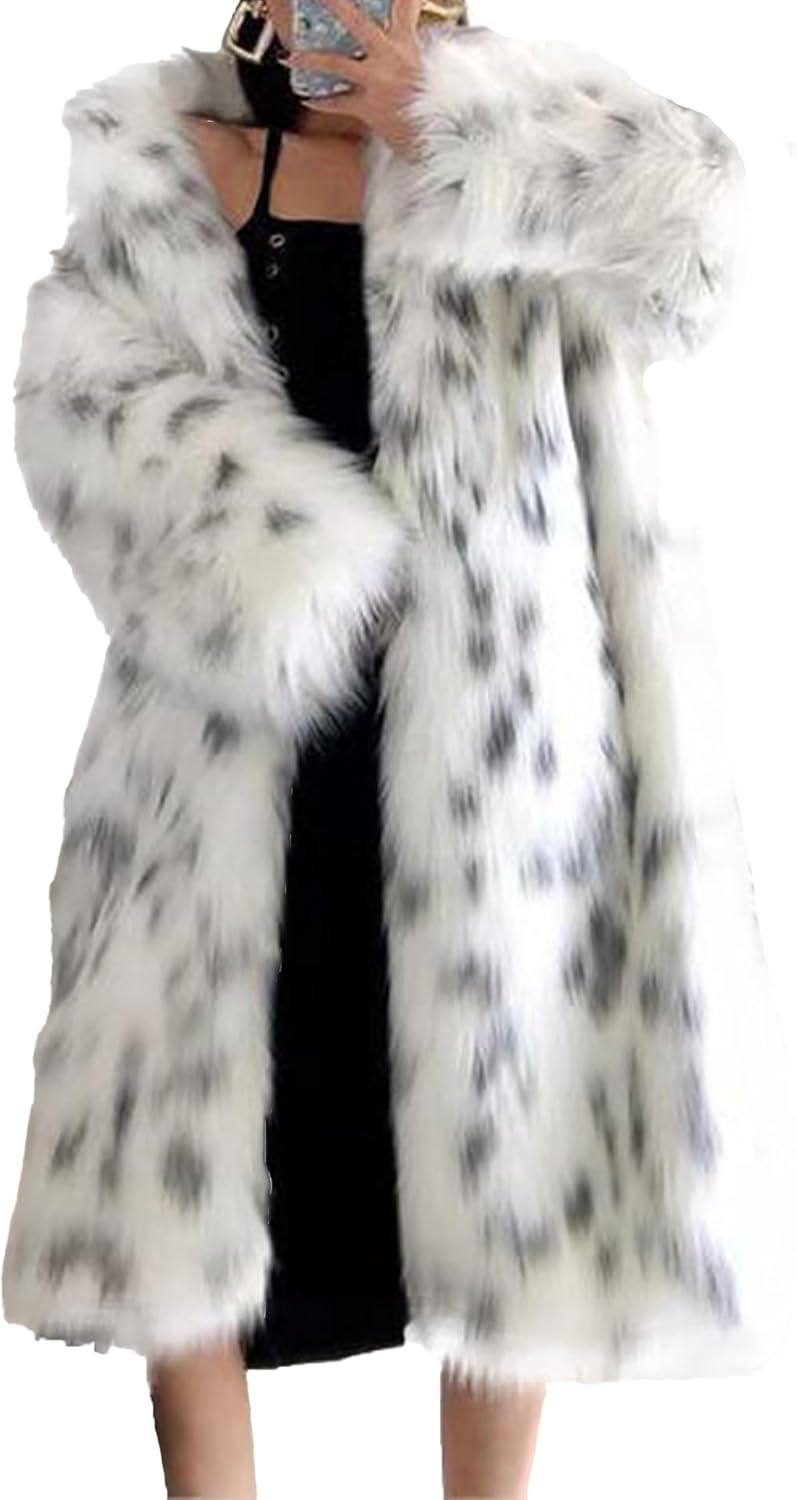 Women's Luxury Faux Fur Long Coat Winter Lapel Collar Fuzzy Furry Open Front Cardigan Warm Fur Overcoat Jackets Large White and Black