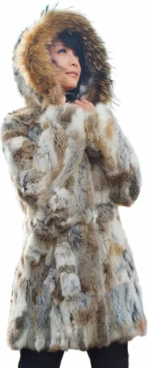 Women's Genuine Rabbit Fur Coat with Raccoon Fur Trim Hood Winter Jacket 10 Natural Yellow