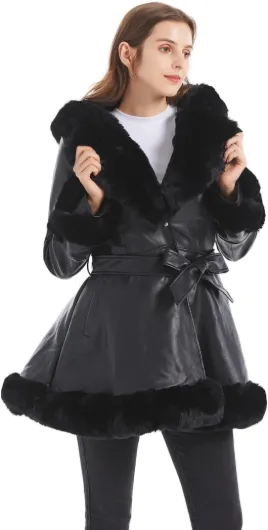 Women's Faux Leather Jacket with Faux Fur Collar, Winter Long Sleeve Furry Trim Peplum Parka Coat with Belt Medium Black With Hood