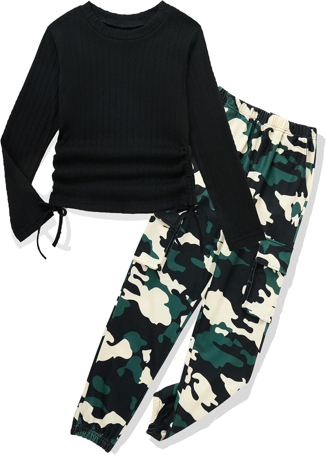 Mksodop Girls Clothes Ruched Drawstring Short Sleeve Knit Top and Camo Print Pants 2 Piece Girls Outfits Black 6-7 Years