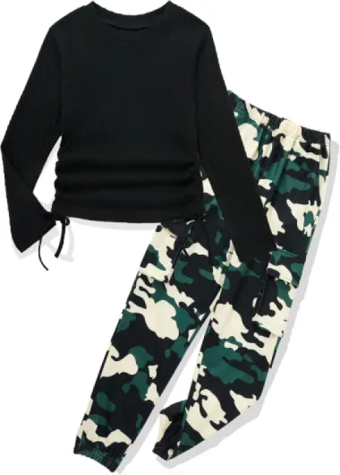Mksodop Girls Clothes Ruched Drawstring Short Sleeve Knit Top and Camo Print Pants 2 Piece Girls Outfits Black 6-7 Years
