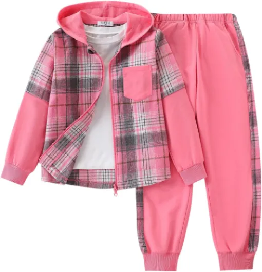 2Pcs Girls Clothes Zip Up Plaid Flannel Hoodie Shirts and Jogger Sweatpants for Kids Fall Winter Spring Outfits 11-12 Years Pink