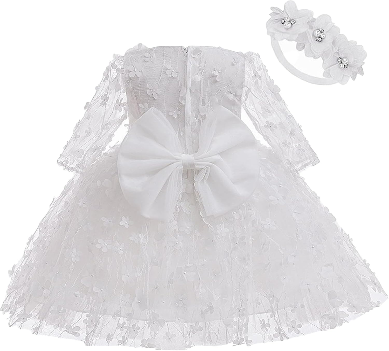 Baby Girl Bowknot Flower Dresses with Headwear Baptism Dress Infant Toddler Flower Girls Tulle Gown Wedding Birthday 3-6 Months White