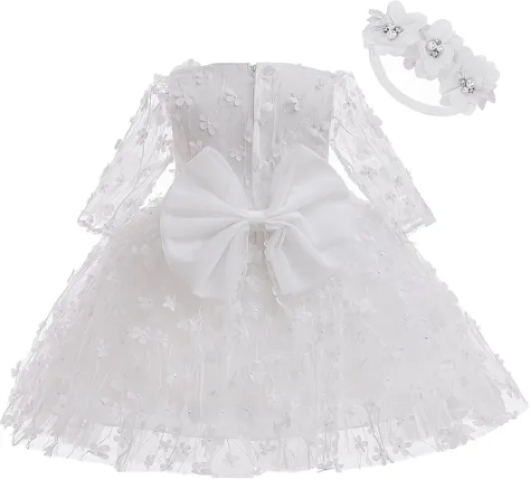 Baby Girl Bowknot Flower Dresses with Headwear Baptism Dress Infant Toddler Flower Girls Tulle Gown Wedding Birthday 3-6 Months White