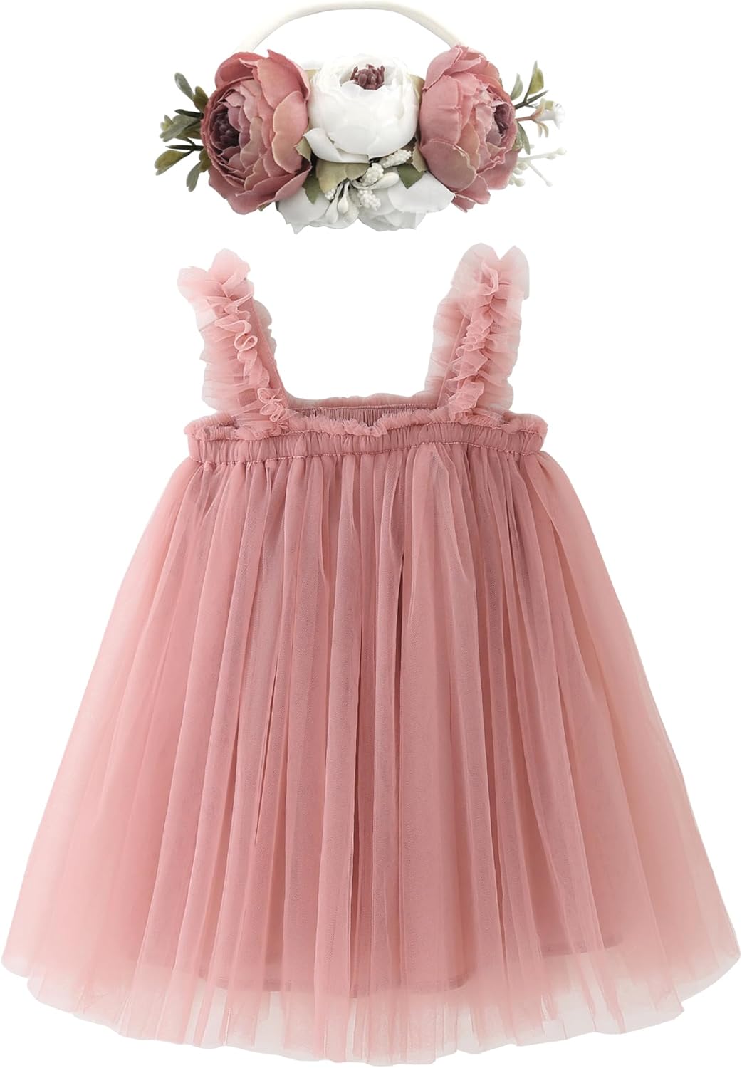 BGFKS Layered Tulle Tutu Dress for Toddler Girls,Baby Girl Rainbow Tutu Princess Skirt Set with Flower Headband - 6 Months Dusty Rose