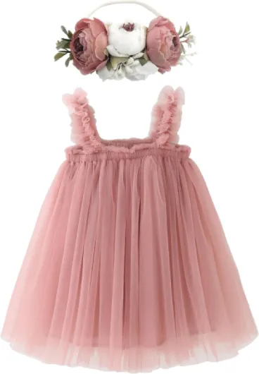 BGFKS Layered Tulle Tutu Dress for Toddler Girls,Baby Girl Rainbow Tutu Princess Skirt Set with Flower Headband - 6 Months Dusty Rose
