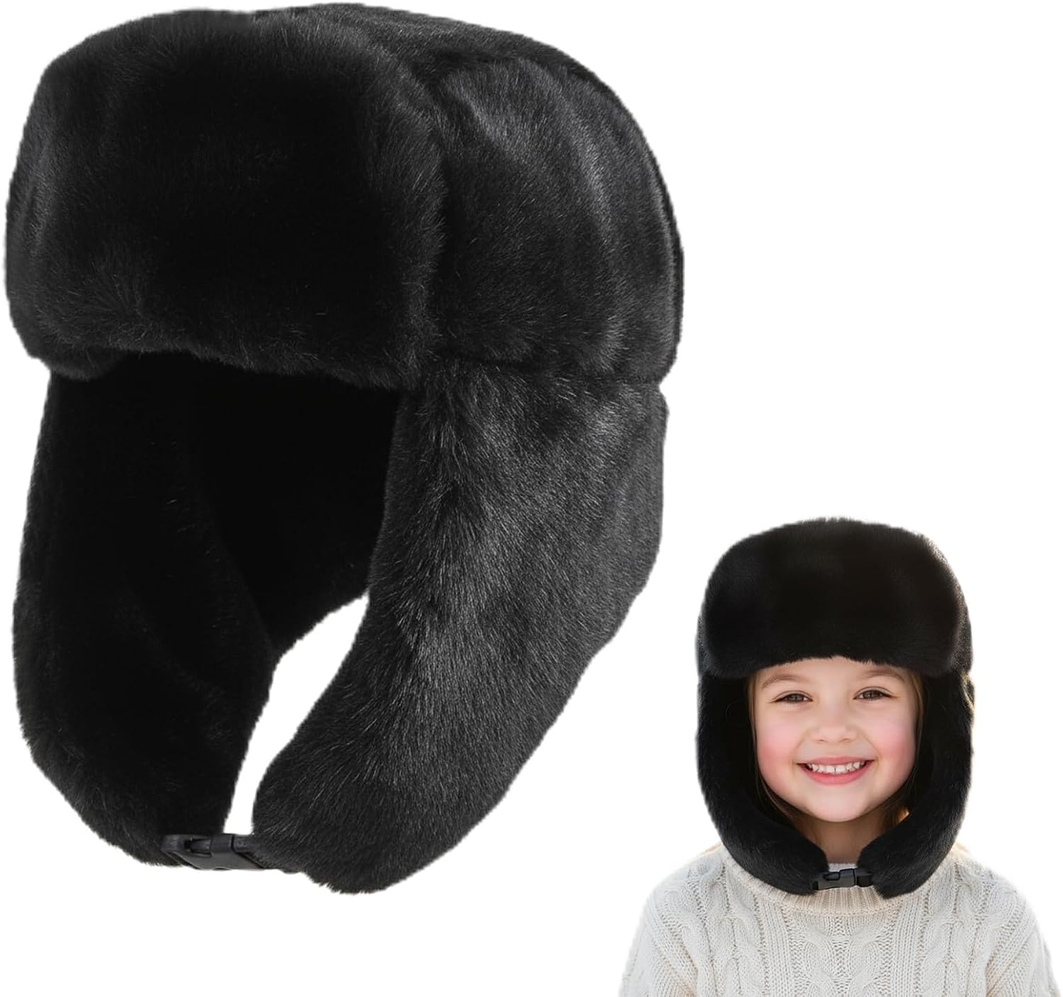 Kids Winter Cozy Plush Ushanka Hat Russian Full Hood Windproof Trapper Hat for Boys Girls with Earflaps for Warm Cold Proof Ski Hunting Cycling Black