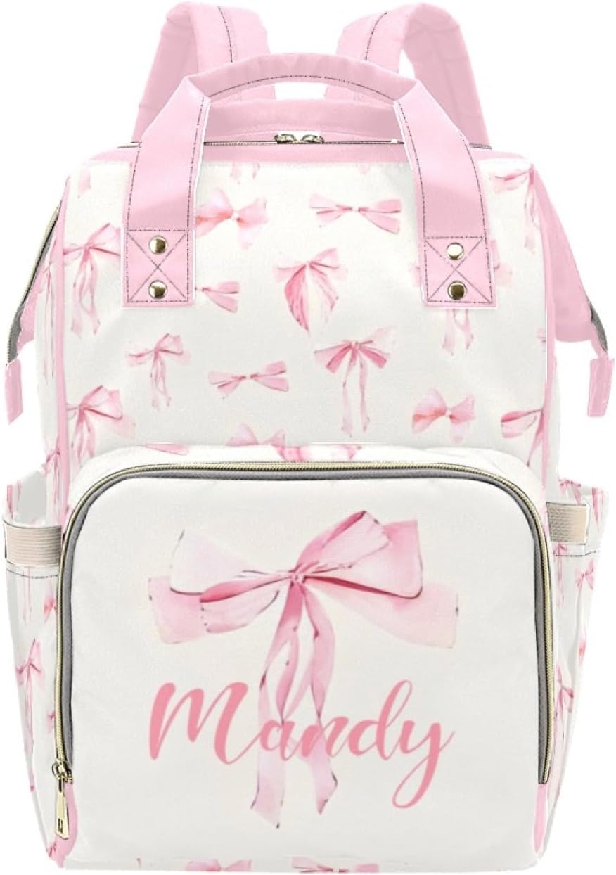 Custom Diaper Bag Backpack for Women, Personalized Name Nursing Mommy Daypack, Diaper Bag for Girls Boys, New Mom Gifts (Pink Bow) Pink Bow 10.83 x 6.69 x 15 inches
