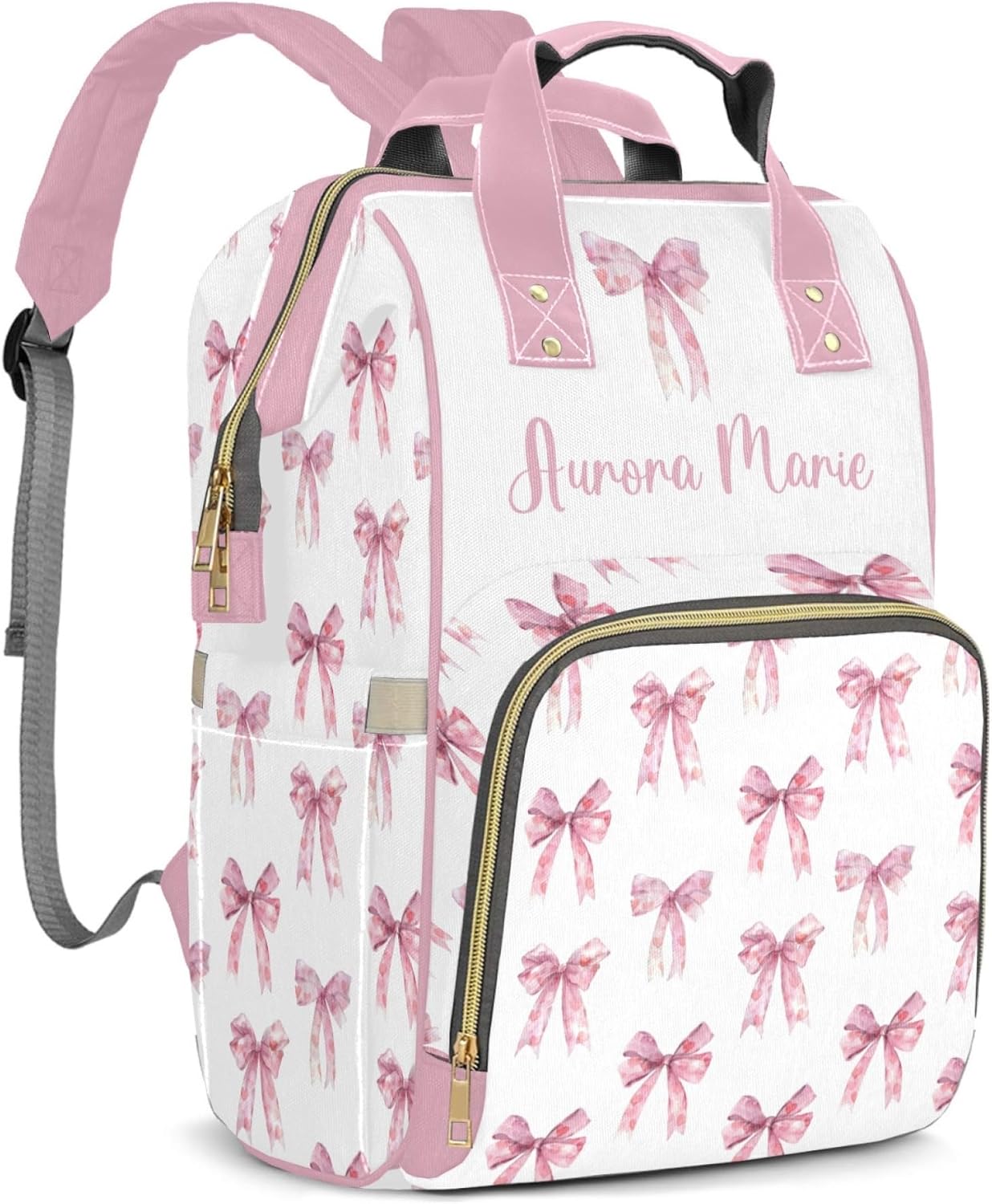 Customized Bow Diaper Bag Backpack Nylon Pink Bow for Girls, Waterproof, Multifunctional, Large Storage Space Personalized Mommy Bag