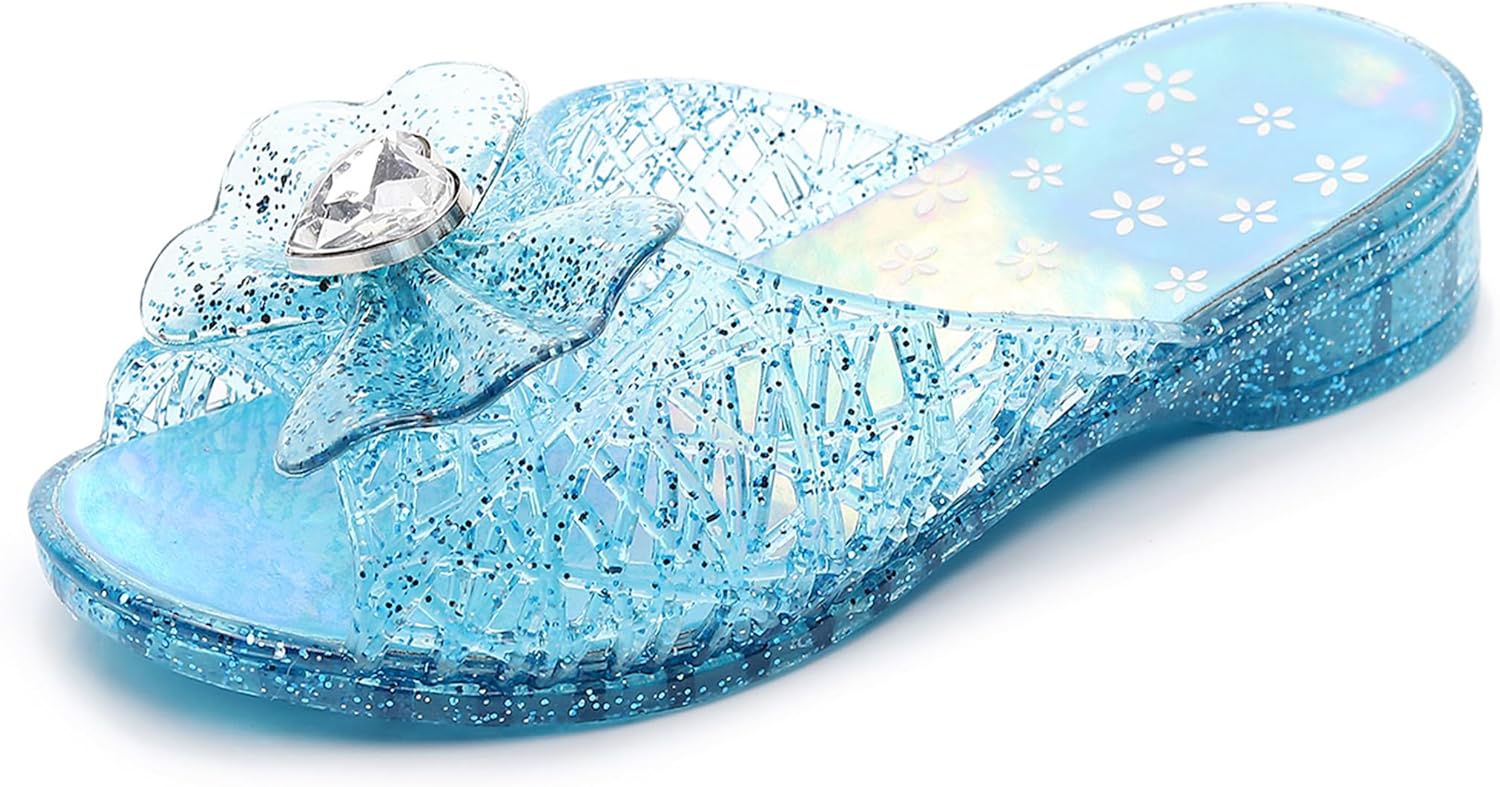 Jelly Sandals for Girls Dress Slide Princess Frozen Inspired Elsa Flats Dance Party Cosplay Snow Queen Birthday Clear Slippers Summer Little Girls, Toddler Slip On 2 Little Kid Blue