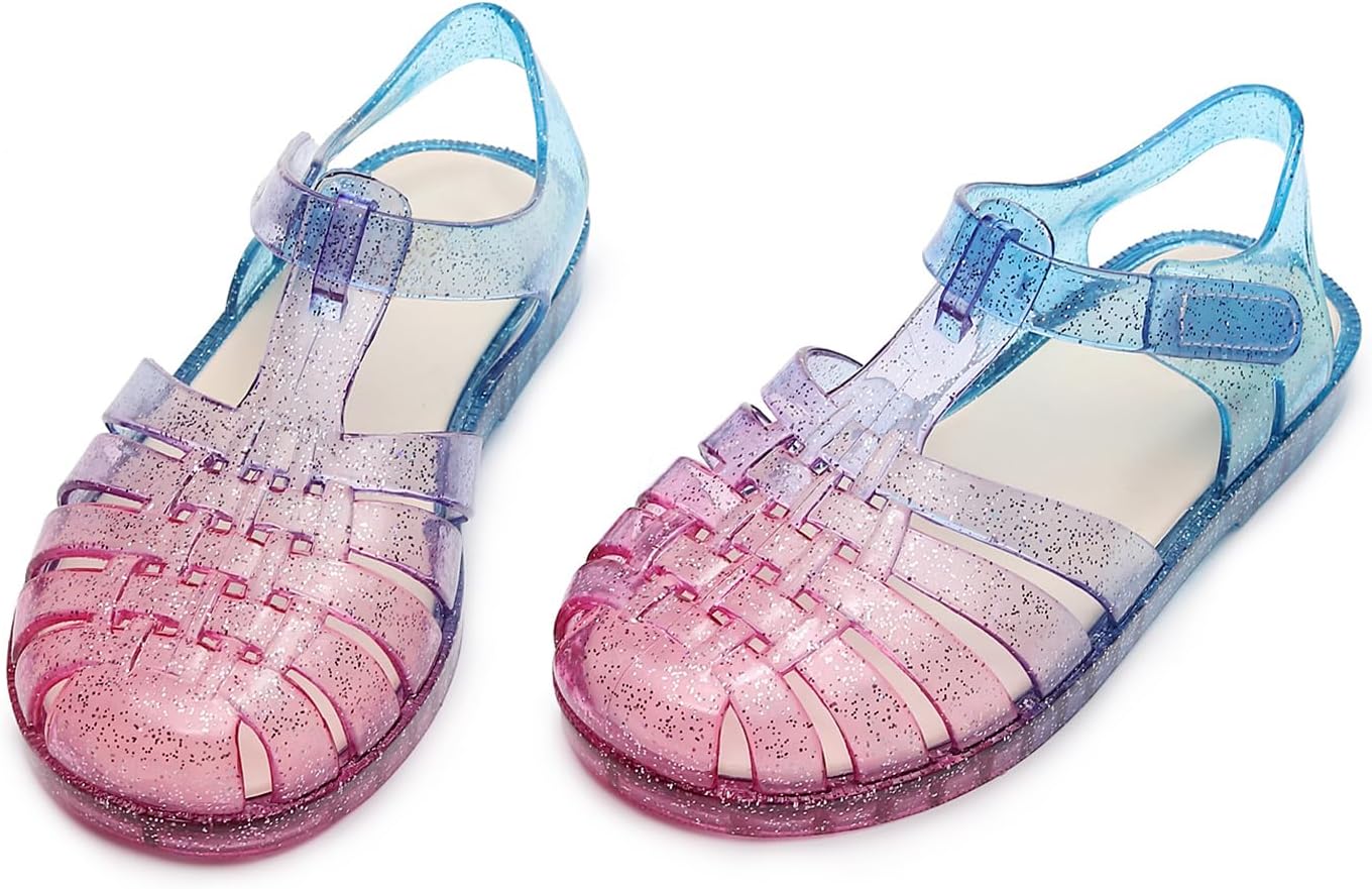 Girl jelly sandals, closed toe princess summer dress shoes, beach flat sandals, birthday party dance casual flat shoes Red Blue 10.5 Little Kid