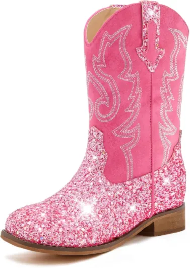 Girls Cowgirl Boots Unisex-Child Mid Calf Glitter Toddler Cowboy Boot Little Big Kids Western Riding Shoes 11 Little Kid Sequins Rose Pink