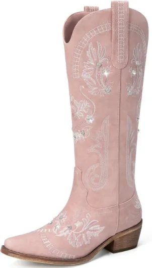 Women's Wide Calf Knee High Sparkly Rhinestone Western Country Boots - Glitter, Classic Embroidery, Pointed Toe, Pull On Zipper Retro Boots 8 Pink