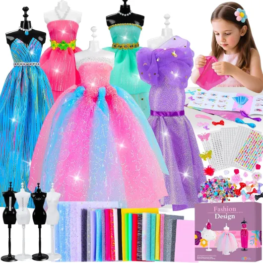 800+Pcs Fashion Designer Kit for Girls, Sewing Kit with 4 Mannequins, DIY Arts and Crafts Kit for Kids, Doll Clothes Making Kit, Girl Toys for Age 6 7 8 9 10 11 12 Year Old Gifts D001