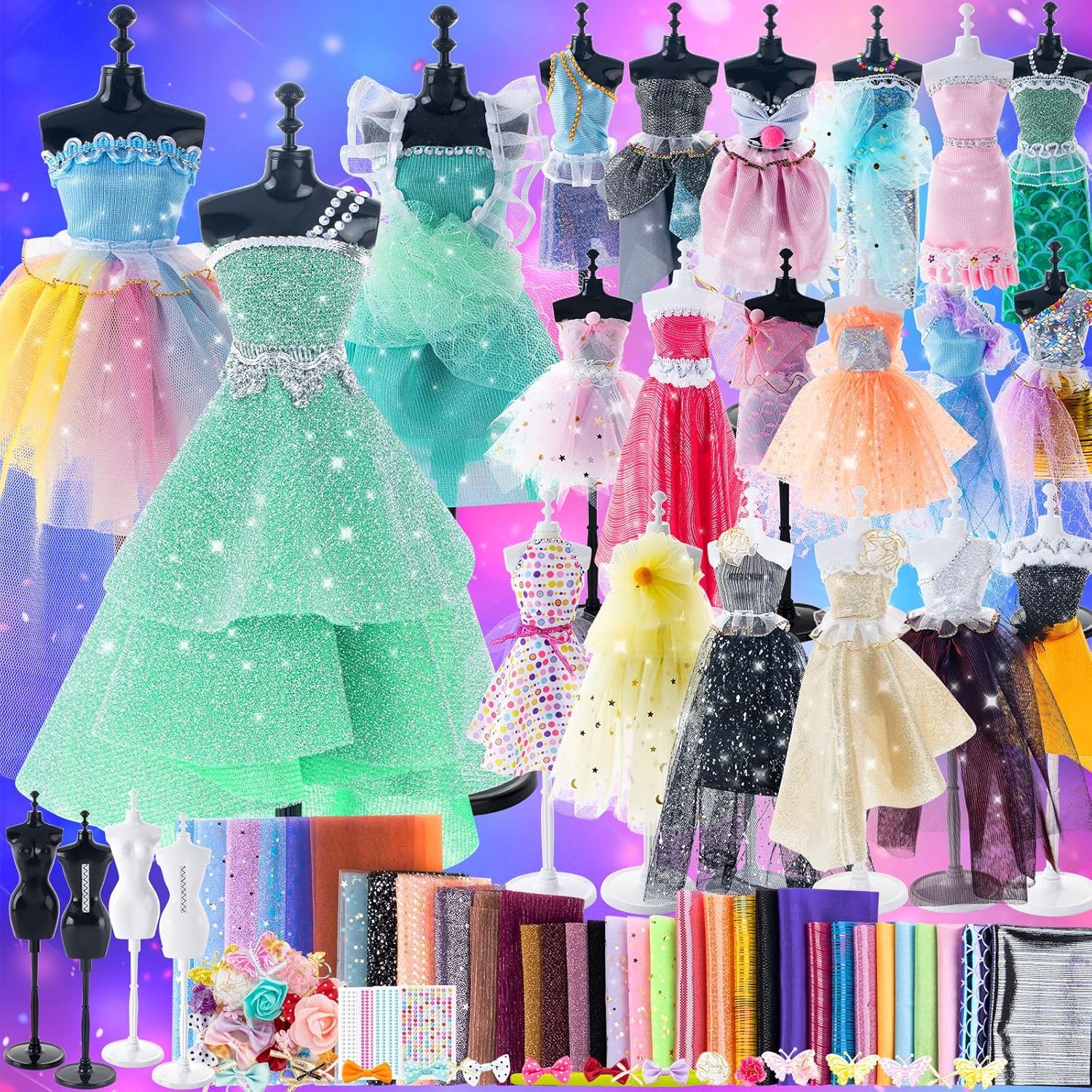 Aowjoy 1000+ PCS Fashion Designer Kits for Girls - Sewing Kit with 4 Mannequins - DIY Arts and Crafts Kit Doll Clothes Making Set - Designer Dress Girls Toys for Age 6 7 8 9 10 11 12+ Year Old Gifts