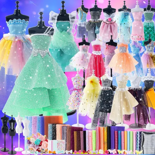 Aowjoy 1000+ PCS Fashion Designer Kits for Girls - Sewing Kit with 4 Mannequins - DIY Arts and Crafts Kit Doll Clothes Making Set - Designer Dress Girls Toys for Age 6 7 8 9 10 11 12+ Year Old Gifts