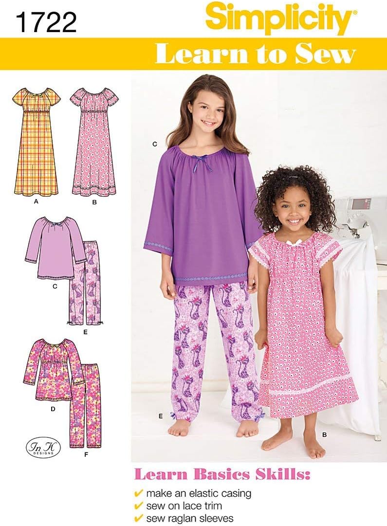 1722 Learn to Sew Girl's Pajama Sewing Patterns, Sizes 7-14