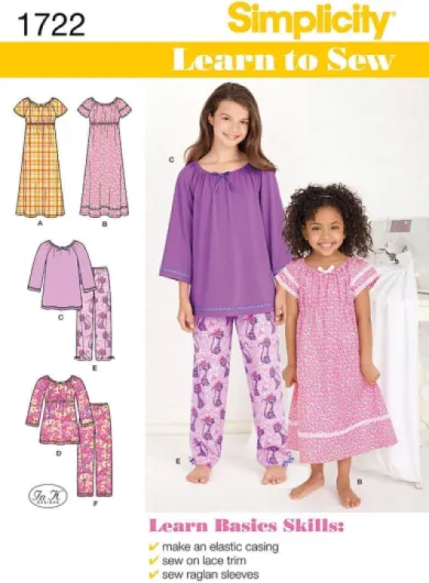 1722 Learn to Sew Girl's Pajama Sewing Patterns, Sizes 7-14