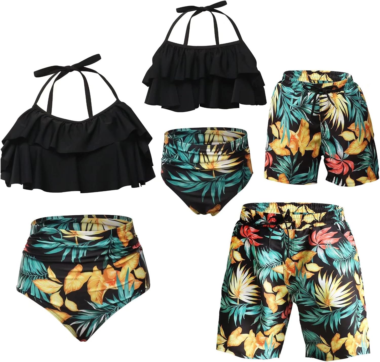 Matching Family Swimsuits Ruffle Bathing Suits Mommy and Me Swimwear Two Pieces Bikini Set Women Medium Black