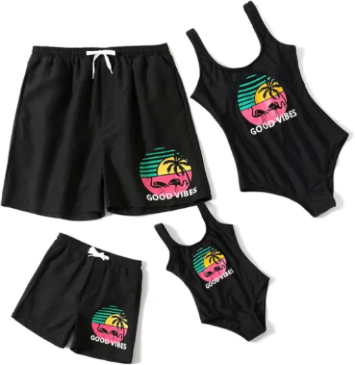 Mommy and Me Swimsuits One Piece Monokini Family Matching Bathing Swimwear Beach Wear Girls 6-7 Years Black-good Vibes