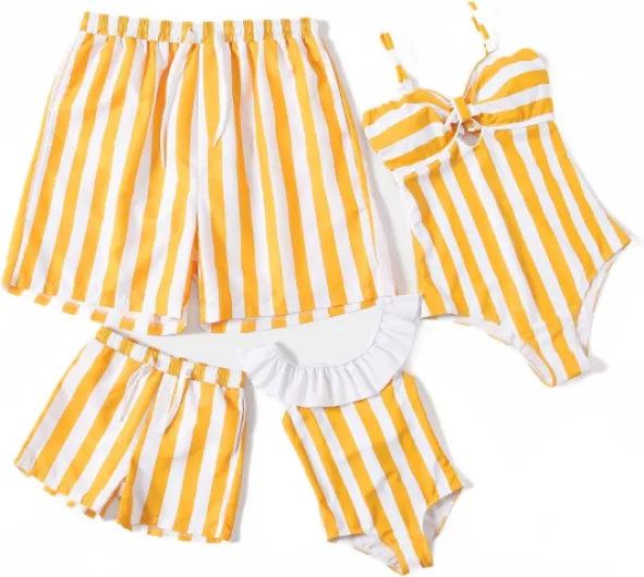 Family Matching Swimsuits One Piece Bathing Suits Hollow Out Monokini Mommy and Me Swimwear Beachwear Girls 6-7 Years Yellow-striped