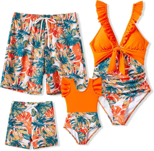 Family Matching Swimwear Set: Floral Print Sleeveless Ruffled One Piece Bathing Suits Girl 4-5T Orange Soda