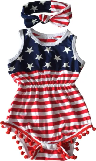 4th of July Toddler Baby Girl American Flag Tassel Romper with Headband 0-6 Months Red