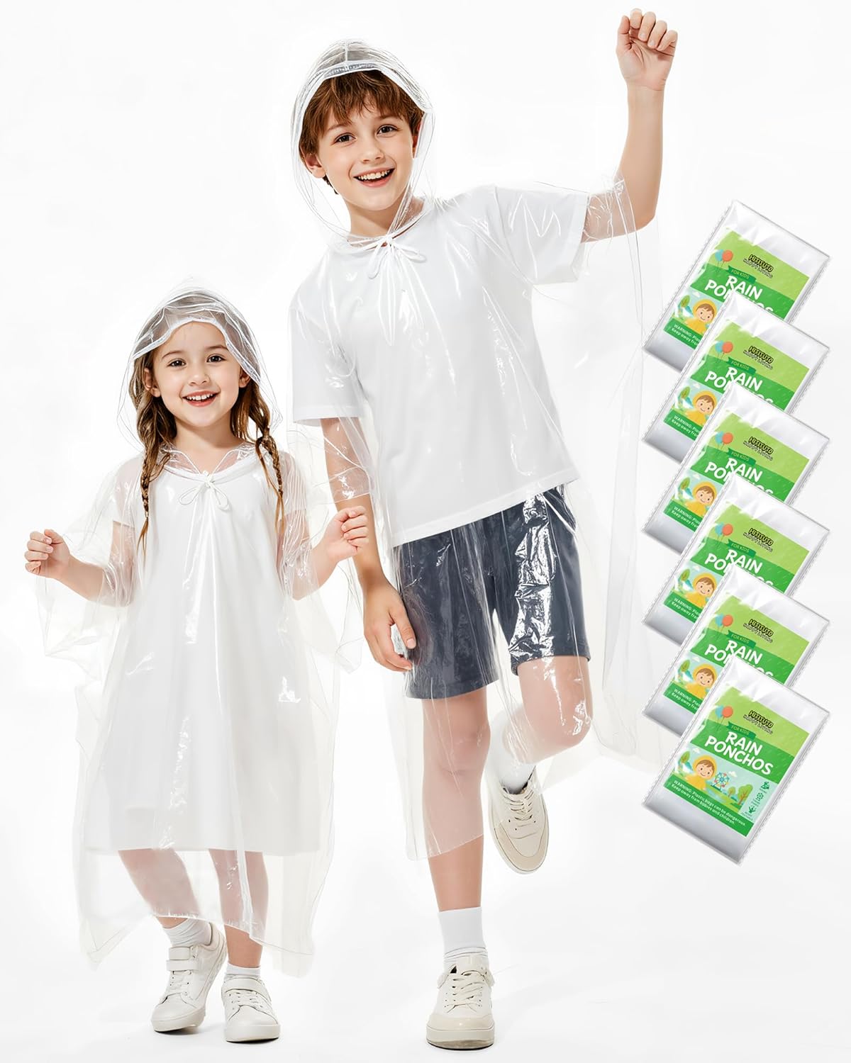 Rain Ponchos Family Pack Kids– 6/12/24 Pack Disposable Poncho with Hood, Clear & Assorted Colors, Home Survival Kits Kids Clear 6pcs One Size