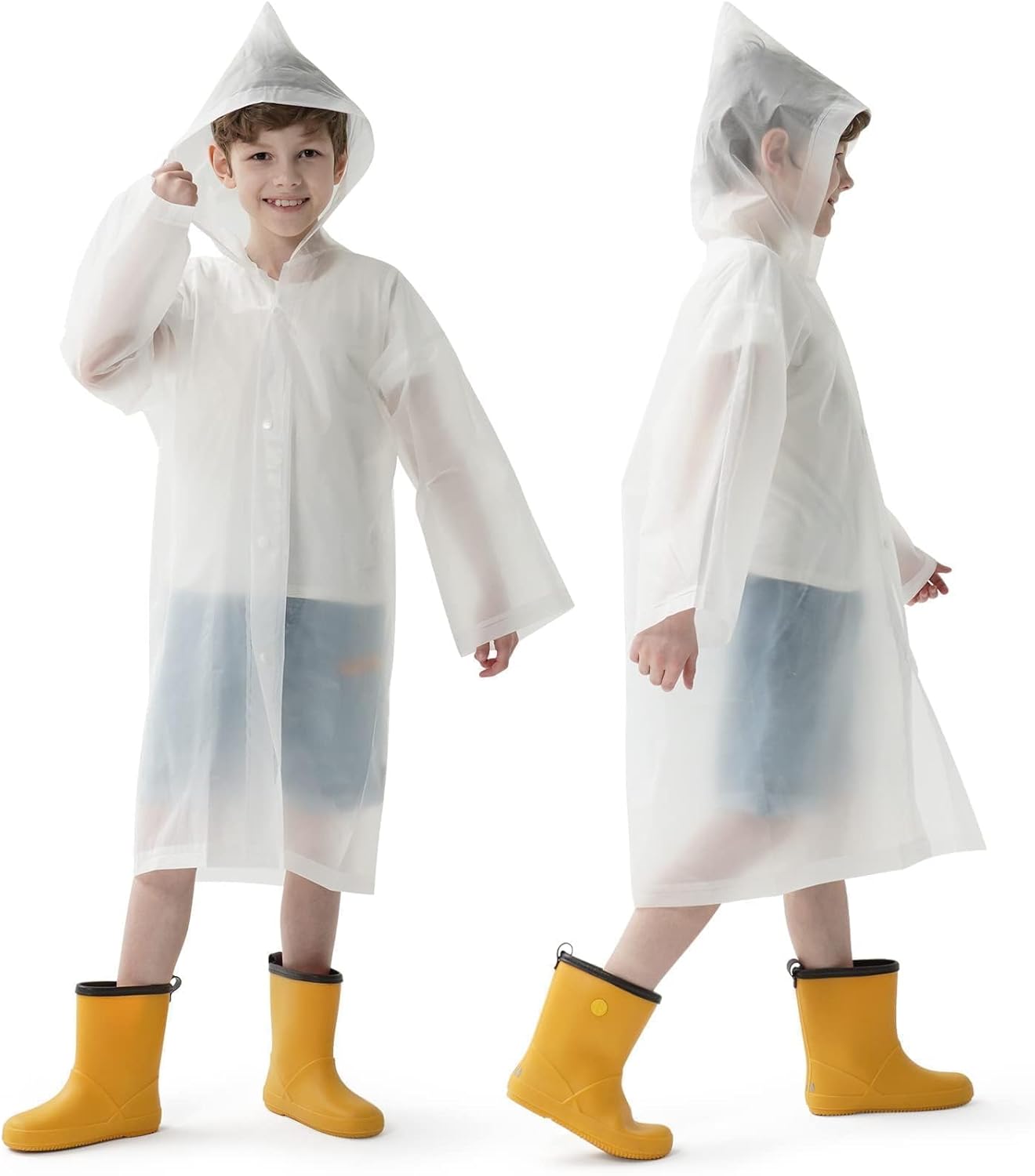 2 Pack Raincoats for Kids, Reusable Rain Ponchos with Hood and Sleeves Waterproof Rain Coats for Boys and Girls 2 Pack White
