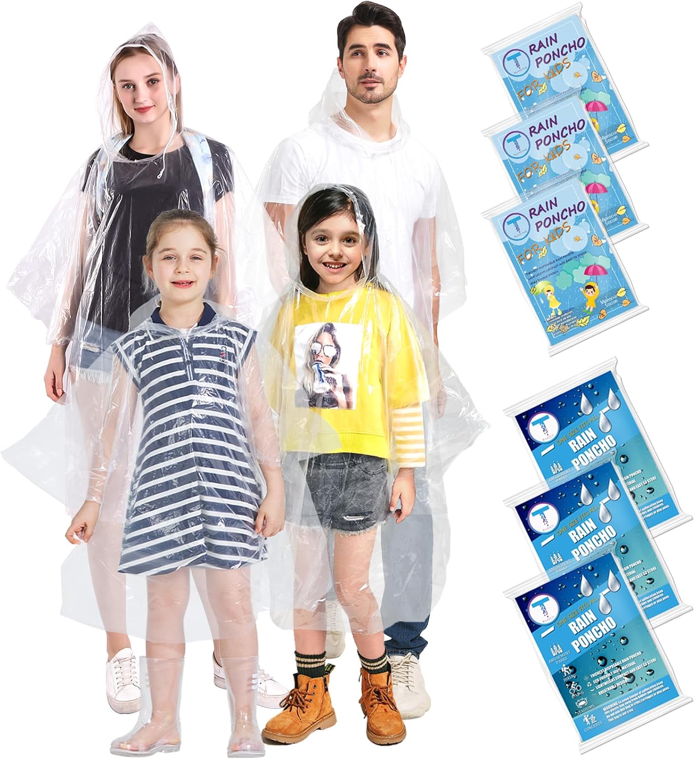 Disposable Rain Ponchos 6 Pack for Adults/Kids/Family Set-50% Thicker Emergency Ponchos One Size Family 6 Pack