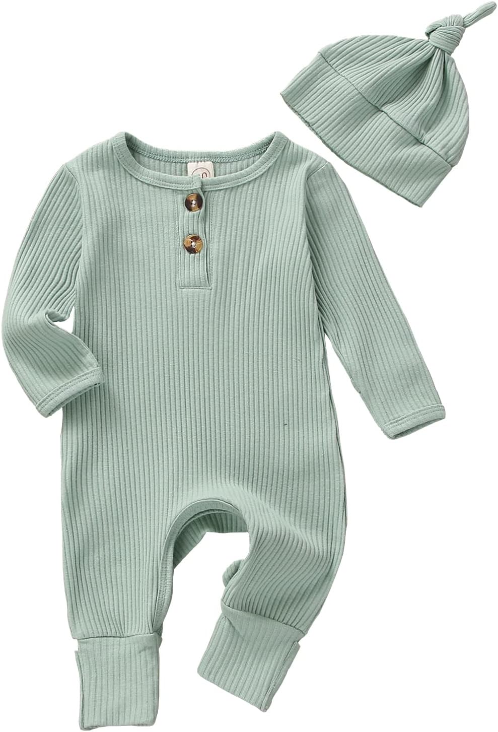 Infant Boys Girls Clothes Set Newborn Baby Romper Hat Ribbed Knit Long Sleeve Button Solid Bodysuit Jumpsuit 0-3 Months Blue