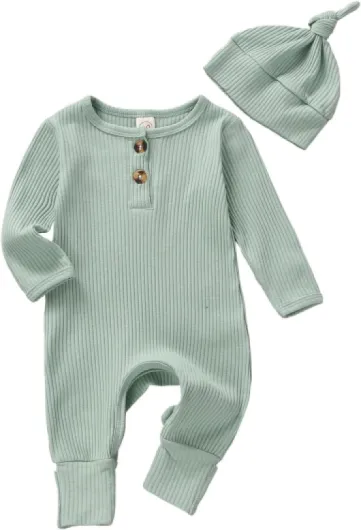 Infant Boys Girls Clothes Set Newborn Baby Romper Hat Ribbed Knit Long Sleeve Button Solid Bodysuit Jumpsuit 0-3 Months Blue
