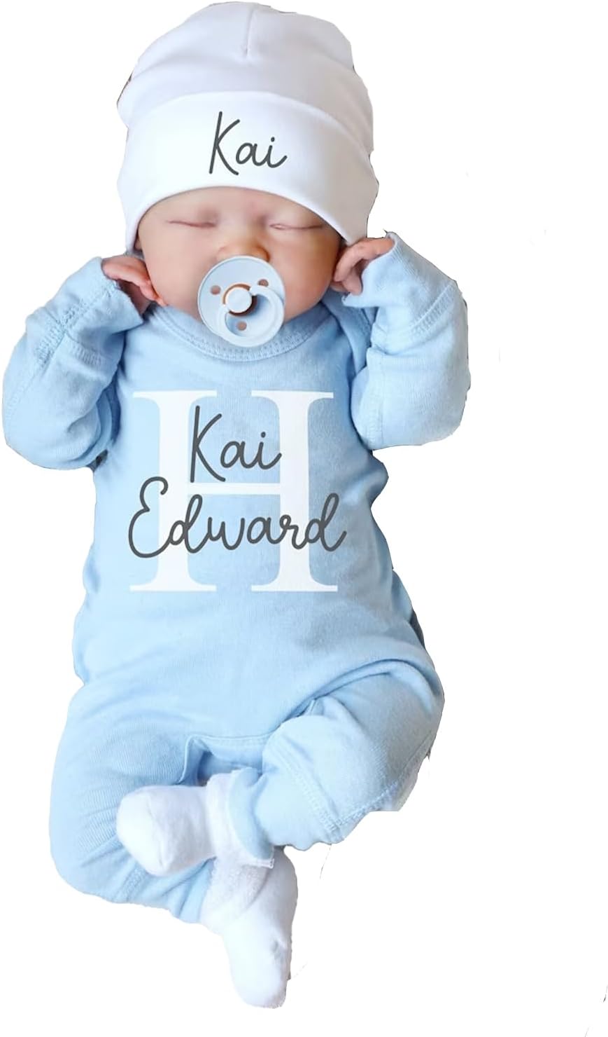 Personalized Newborn Coming Home Outfit,Custom Baby Bodysuit and Hat with Name,Newborn Long Sleeve Rompers (Style 2) Unisex Blue