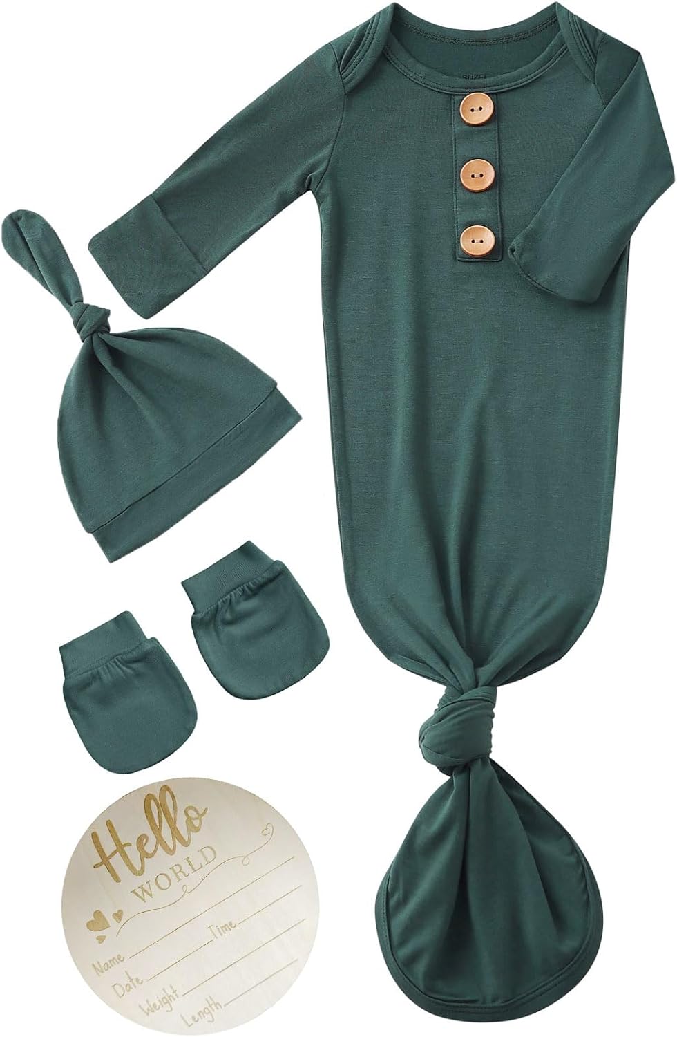 Newborn Baby Knotted Gown Headband/Hat Set Clothes Bamboo Viscose Sleep Gown with Announcement Sign 0-3 Months Deep Green W/Announcement Sign