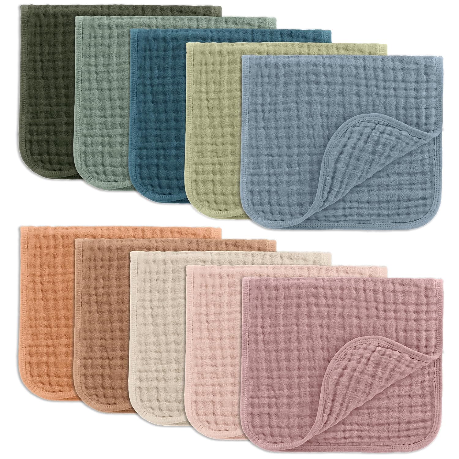 Muslin Burp Cloths 20" x 10", Pack of 10 - Large, 6-Layer, Ultra Absorbent 100% Cotton for Baby Drool and Messes - Soft, Safe & Gentle Baby Burp Cloths for Boys & Girls - Multi Multicolor 10-Pack 20"X10"