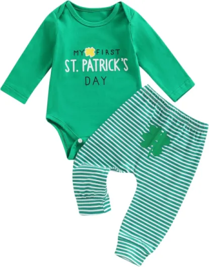 Newborn Baby Boy St.Patricks Day Outfit My First St.Patricks Day Romper Bodysuit+Striped Long Pants 2Pcs Set 0-3 Months Green