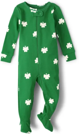 The Children's Place Baby Girls' and Toddler Tie Front Denim Pull On Shorts And Toddler Long Sleeve Zip-front One Piece Footed Pajama Snug Fit 100% Cotton 0-3 Months St - Patrick's Day Shamrock