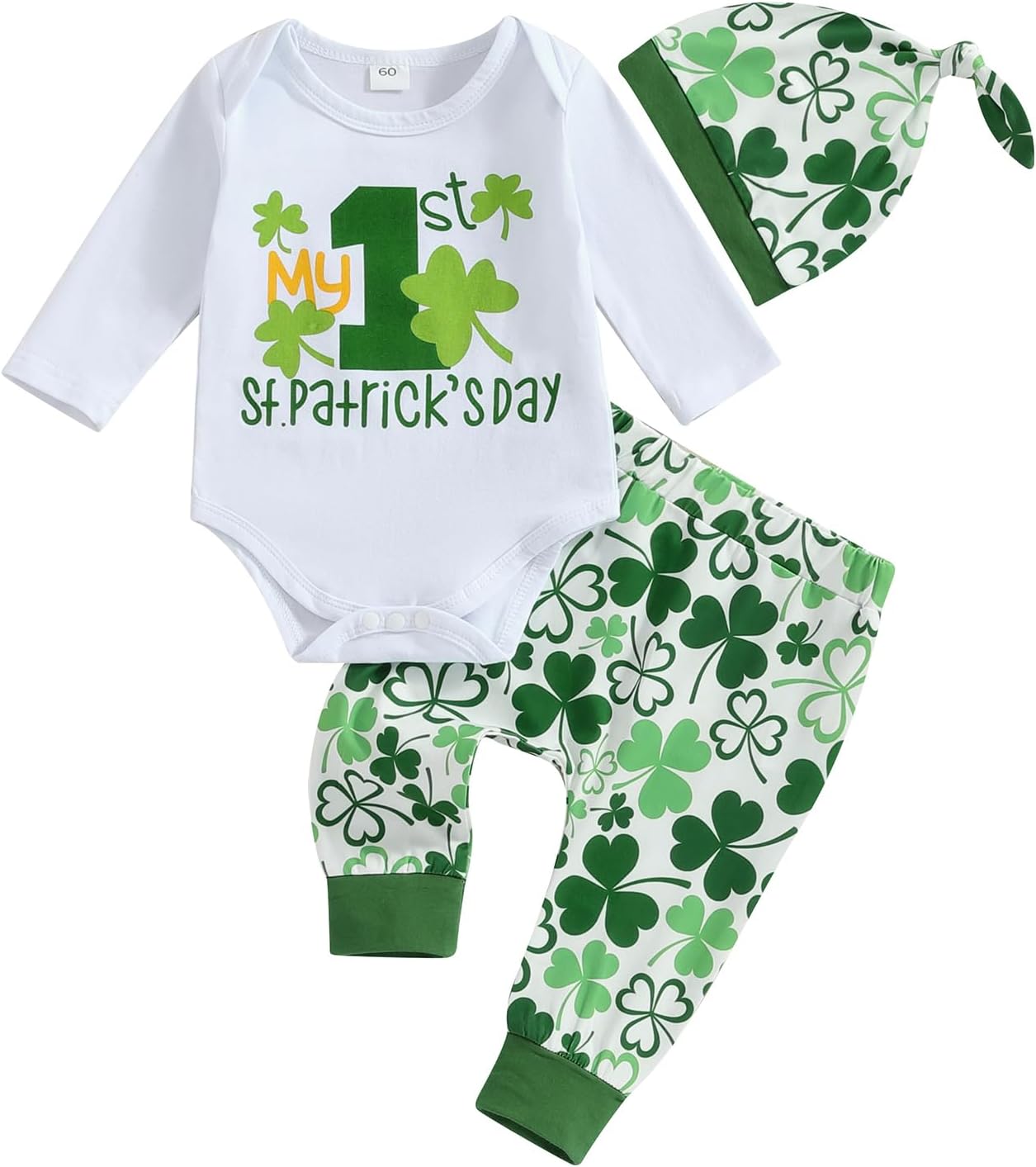 St Patricks Day Baby Boy Outfit First St Patricks Day Romper and Shamrock Pants Set with Hat 3Pcs Spring Clothes 6-12 Months 1st Patricks Day White