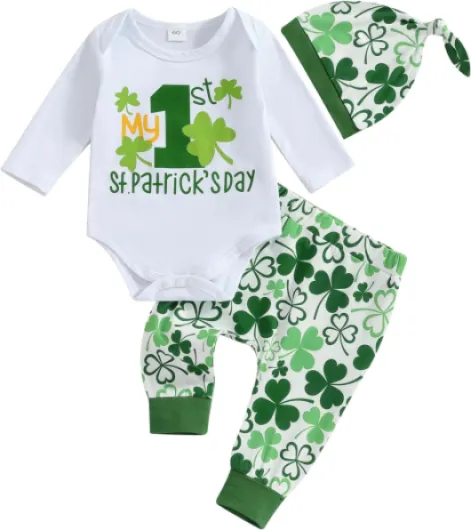 St Patricks Day Baby Boy Outfit First St Patricks Day Romper and Shamrock Pants Set with Hat 3Pcs Spring Clothes 6-12 Months 1st Patricks Day White