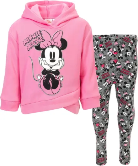 Minnie Mouse Fleece Pullover Crossover Hoodie and Leggings Outfit Set Infant to Big Kid Sizes (12 Months - 14-16) 3T Pink Glitter
