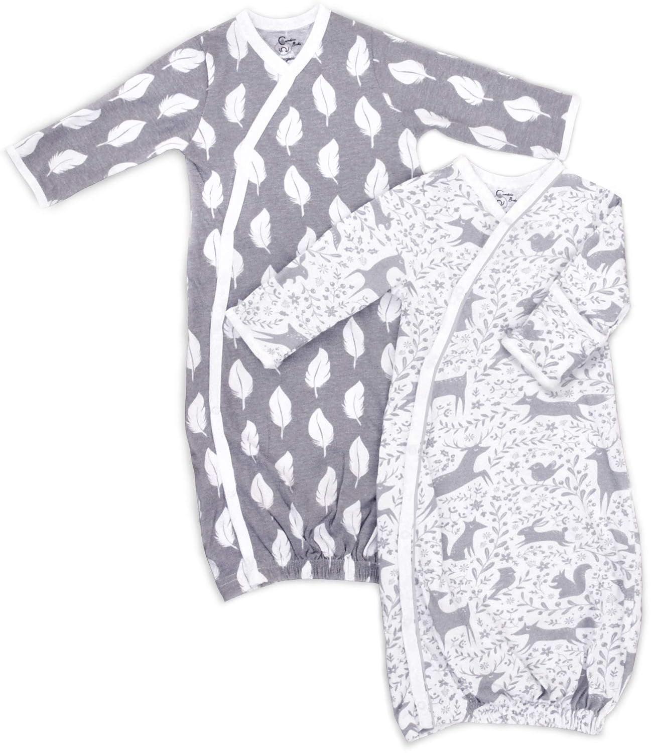 100% Organic Kimono Gowns - Side Snaps with Built in Mitts - (0-6 Months, Feathers and Forest Animals) Gray and White 0-6 Months