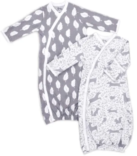 100% Organic Kimono Gowns - Side Snaps with Built in Mitts - (0-6 Months, Feathers and Forest Animals) Gray and White 0-6 Months