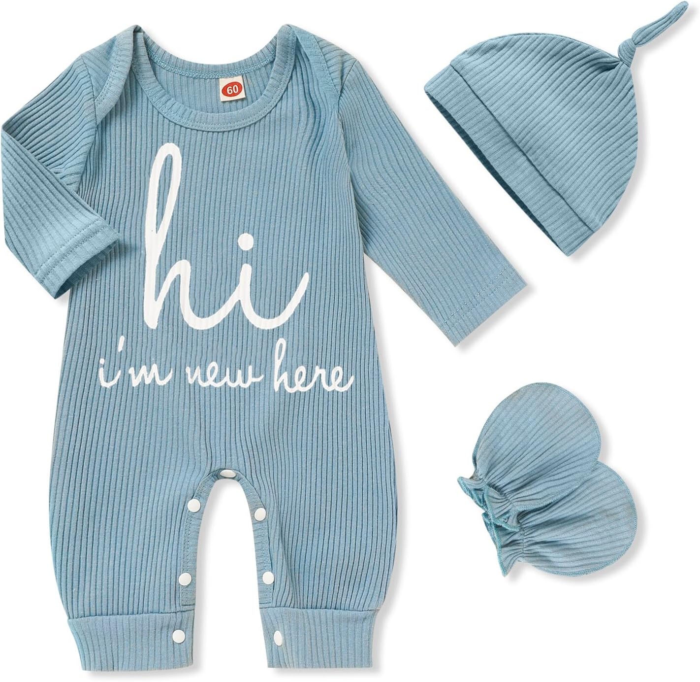 Newborn Baby Boy Romper Coming Home Outfits Letter Print Bodysuit Jumpsuit+Hat+Gloves 3PCS Clothes Set Cadetblue Newborn