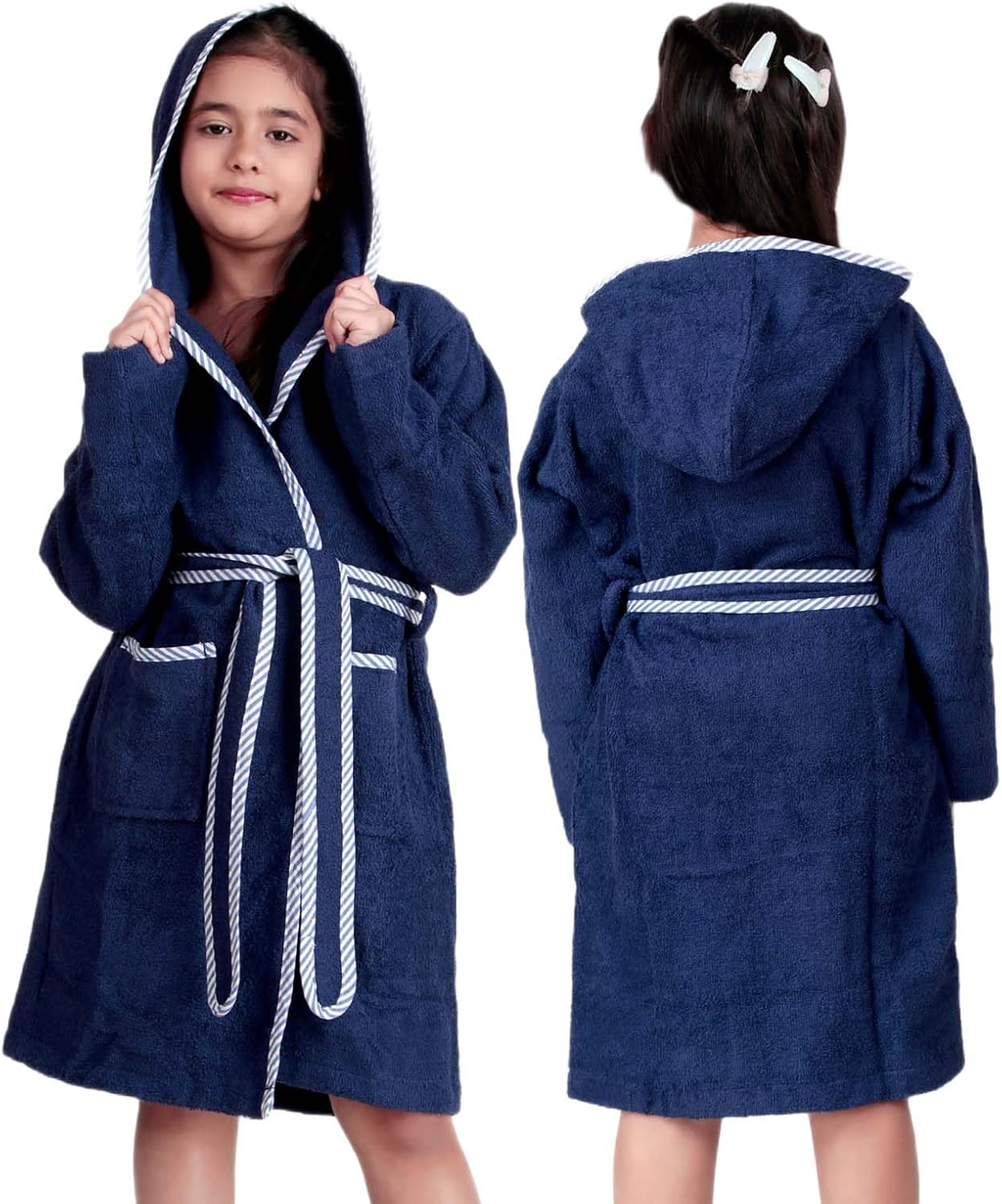 ALLEN & MATE 100% COTTON Kids Bathrobe with Piping – Safety Certified, Medium Lightweight, Quick Absorbent for Boys & Girls 7-8 Years Navy Blue With Blue Piping