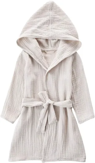 Organic Cotton Toddler Bathrobe, Soft and Breathable Baby Robe for Kid, Boy& Girl Hooded Robe Muslin 2-4T Khaki