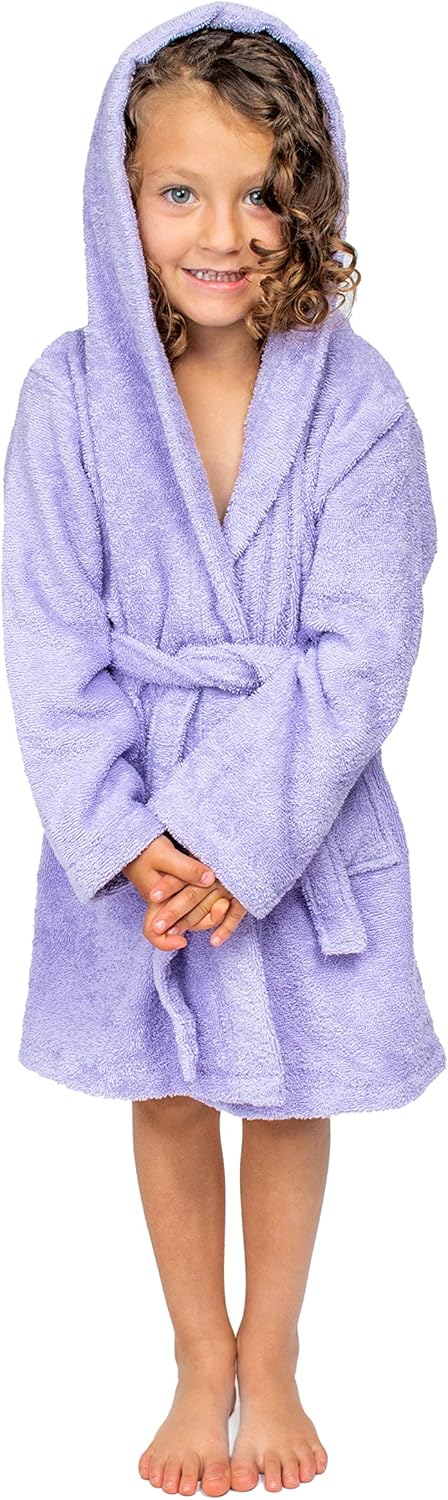 Organic Turkish Cotton Kids Bathrobe, Soft Terry Cotton-Acrylic Hooded Towel Robe for Boys, Girls 15 Years Purple