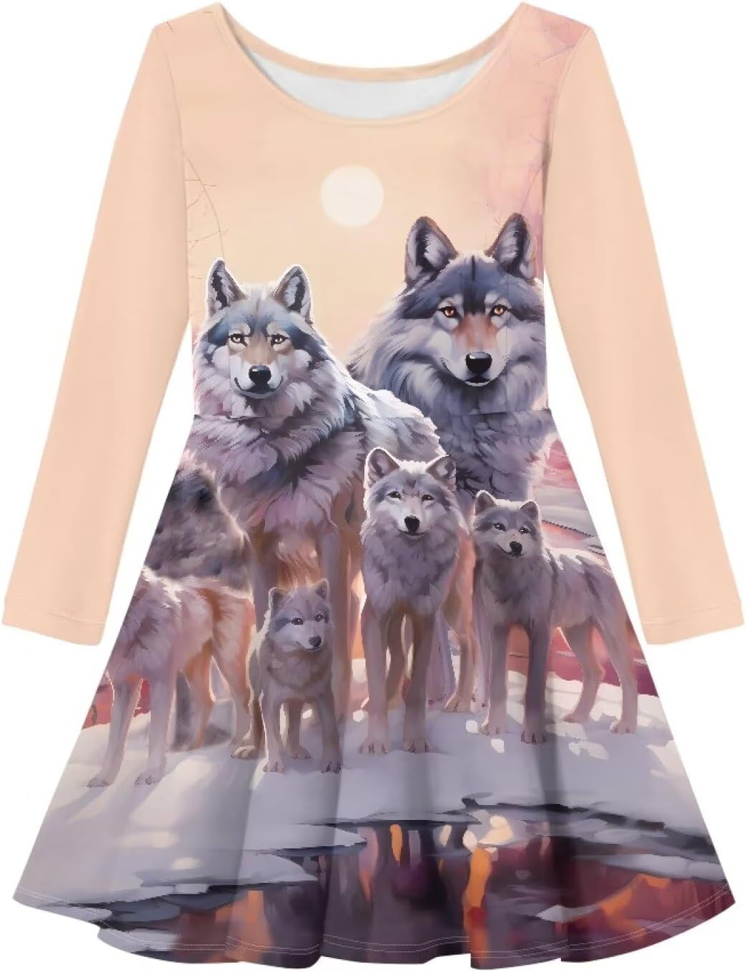 Girls Dress Little Kid Casual Dresses Long Sleeve Swing Dresses 3-14T 9-10 Years Wolf