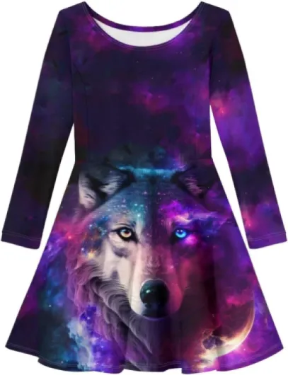 Girls' Casual Dresses Kids Playwear Dresses Swing Twirly Skater Dress Galaxy Wolf 7-8 Years