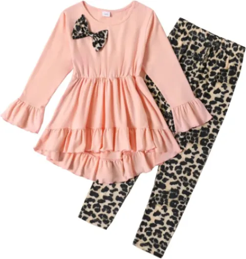 Kid Girl Clothes Ruffle Sleeve Top Floral Allover Pants 3-9 Years Fall Outfit Set Leopard 6-7 Years