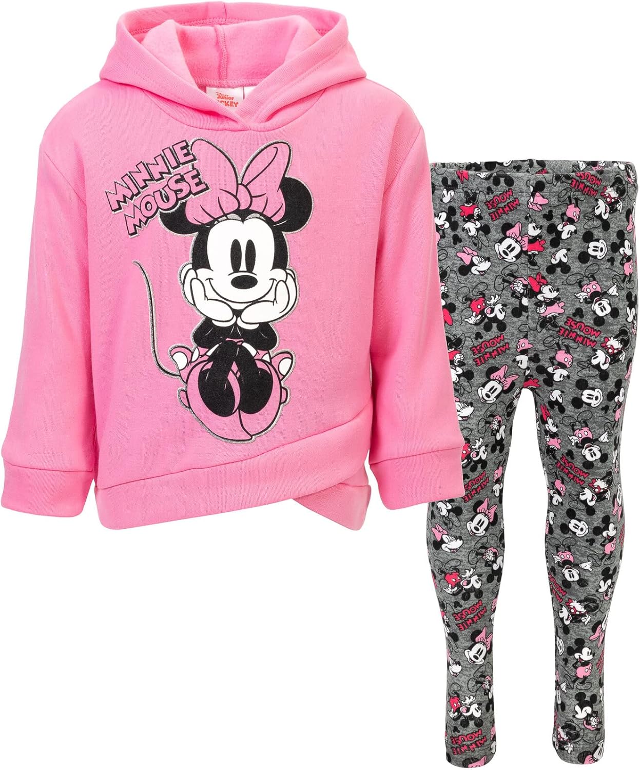 Minnie Mouse Fleece Pullover Crossover Hoodie and Leggings Outfit Set Infant to Big Kid Sizes (12 Months - 14-16) 5T Pink Glitter